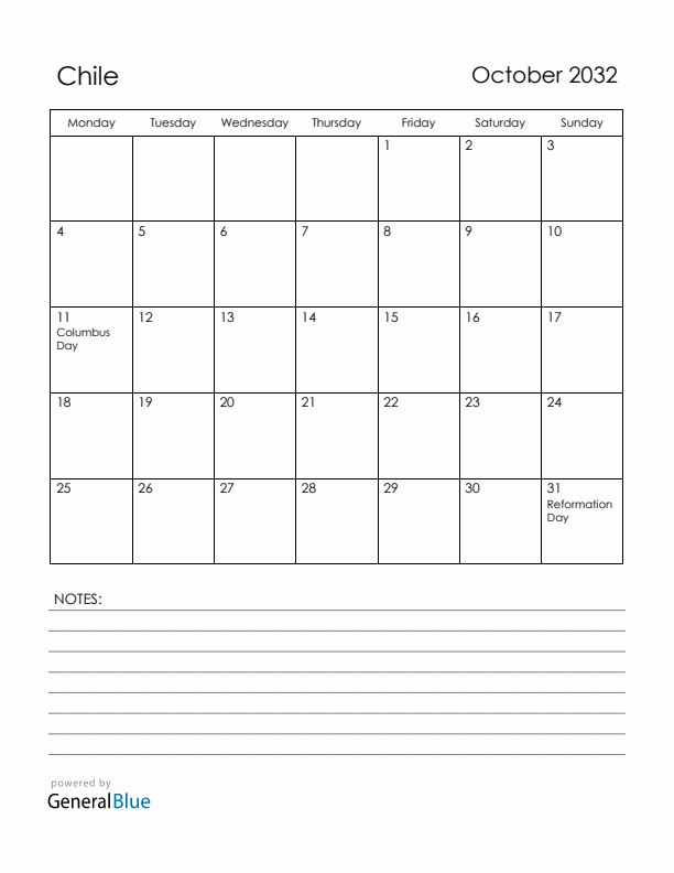 October 2032 Chile Calendar with Holidays (Monday Start)