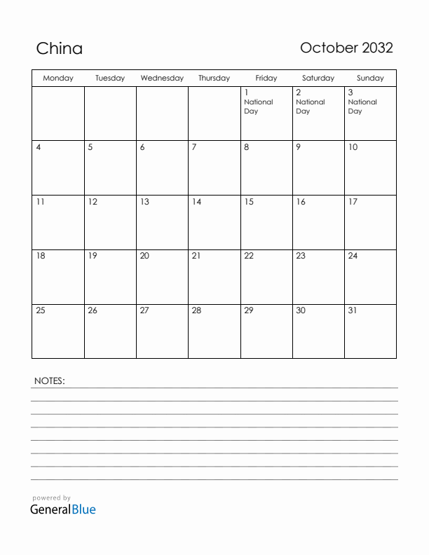 October 2032 China Calendar with Holidays (Monday Start)