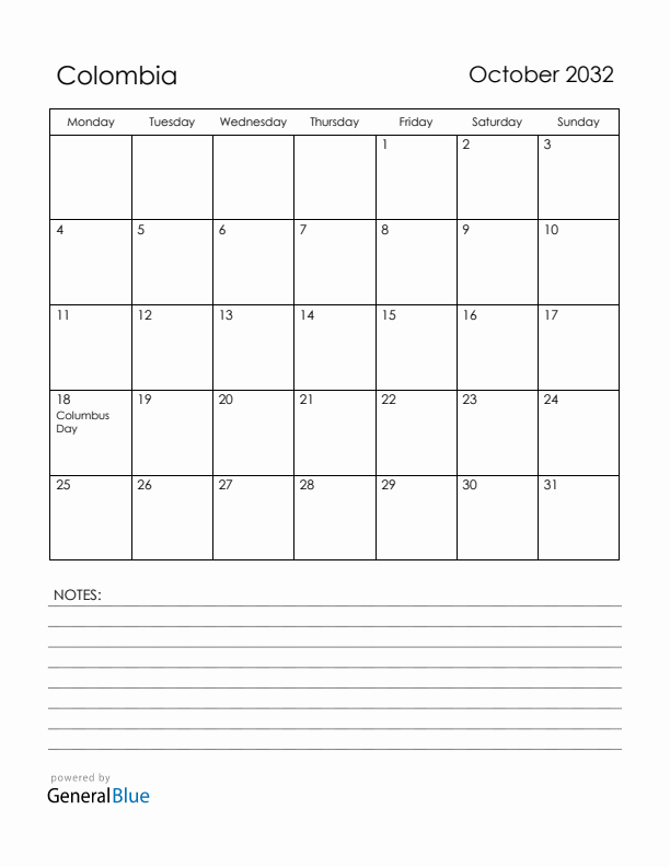 October 2032 Colombia Calendar with Holidays (Monday Start)