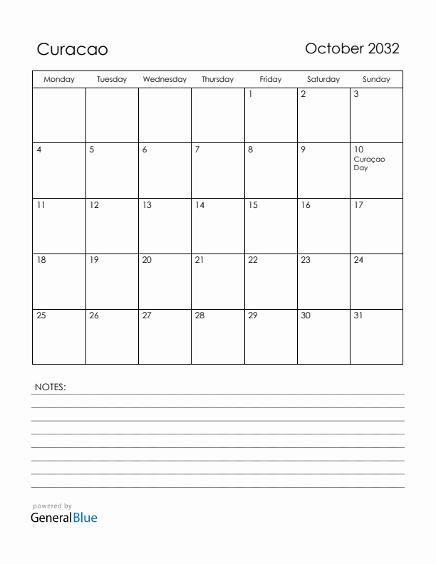 October 2032 Curacao Calendar with Holidays (Monday Start)