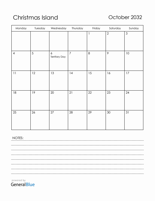 October 2032 Christmas Island Calendar with Holidays (Monday Start)