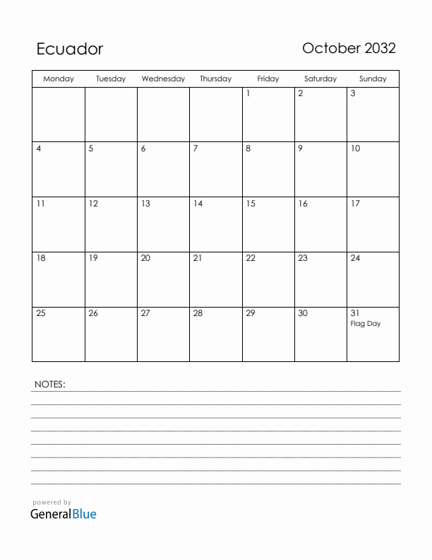 October 2032 Ecuador Calendar with Holidays (Monday Start)