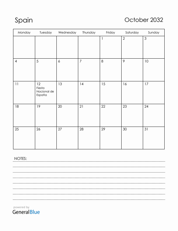 October 2032 Spain Calendar with Holidays (Monday Start)