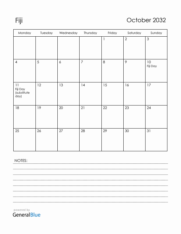 October 2032 Fiji Calendar with Holidays (Monday Start)