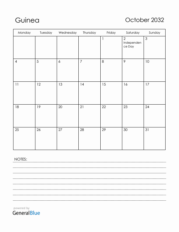 October 2032 Guinea Calendar with Holidays (Monday Start)