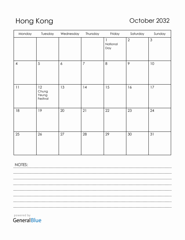 October 2032 Hong Kong Calendar with Holidays (Monday Start)