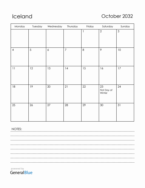 October 2032 Iceland Calendar with Holidays (Monday Start)
