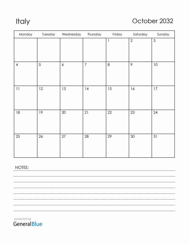 October 2032 Italy Calendar with Holidays (Monday Start)