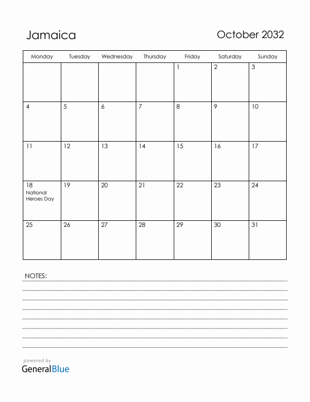 October 2032 Jamaica Calendar with Holidays (Monday Start)