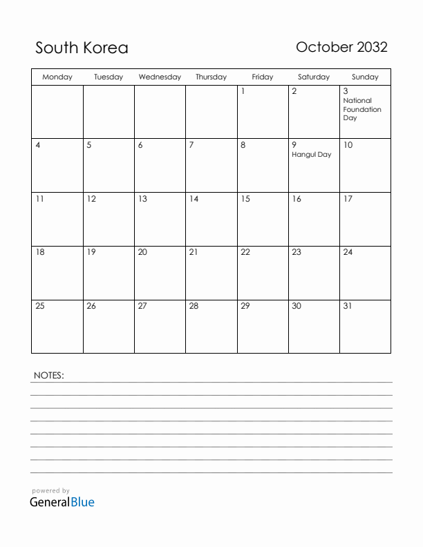 October 2032 South Korea Calendar with Holidays (Monday Start)