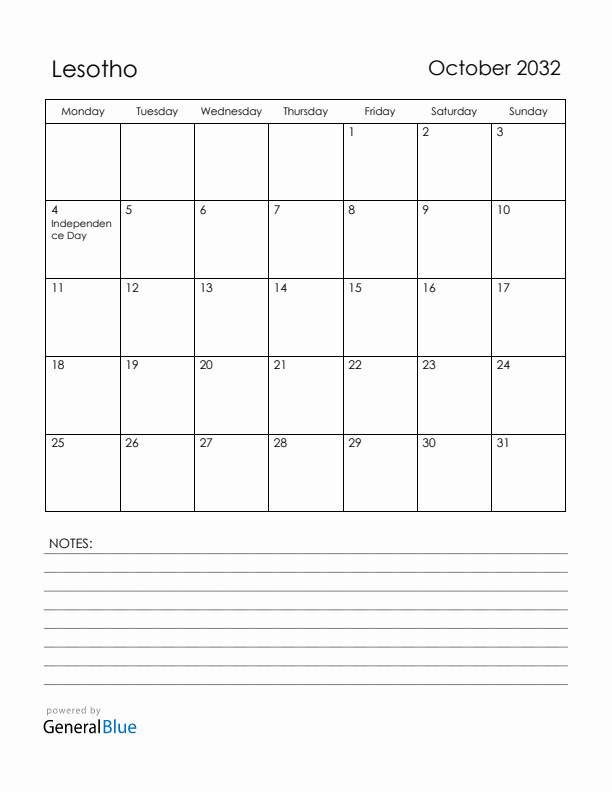 October 2032 Lesotho Calendar with Holidays (Monday Start)