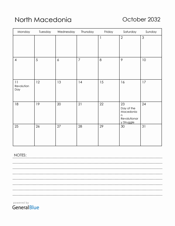 October 2032 North Macedonia Calendar with Holidays (Monday Start)