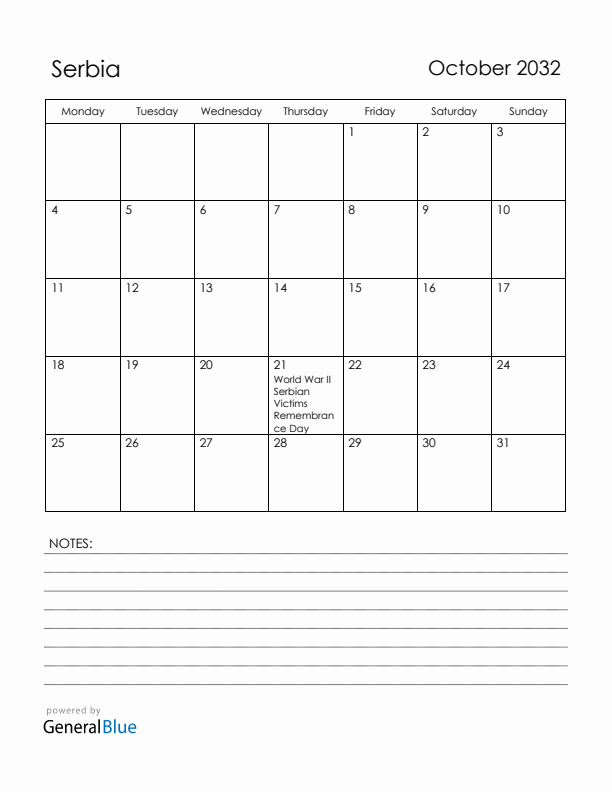 October 2032 Serbia Calendar with Holidays (Monday Start)