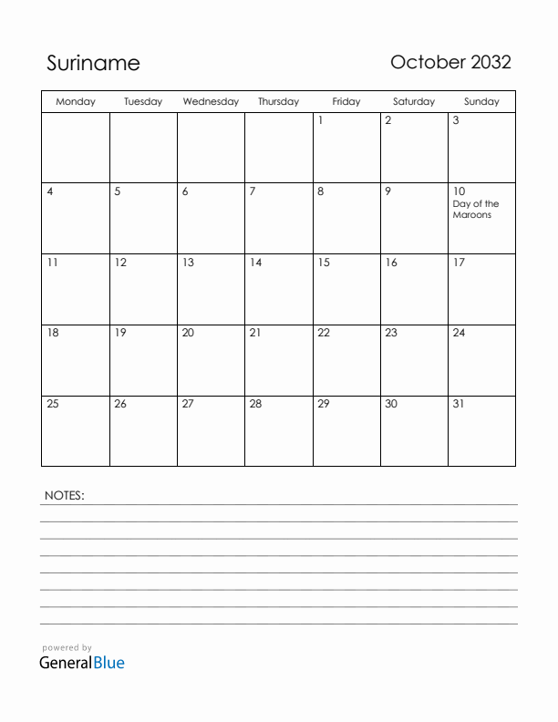 October 2032 Suriname Calendar with Holidays (Monday Start)