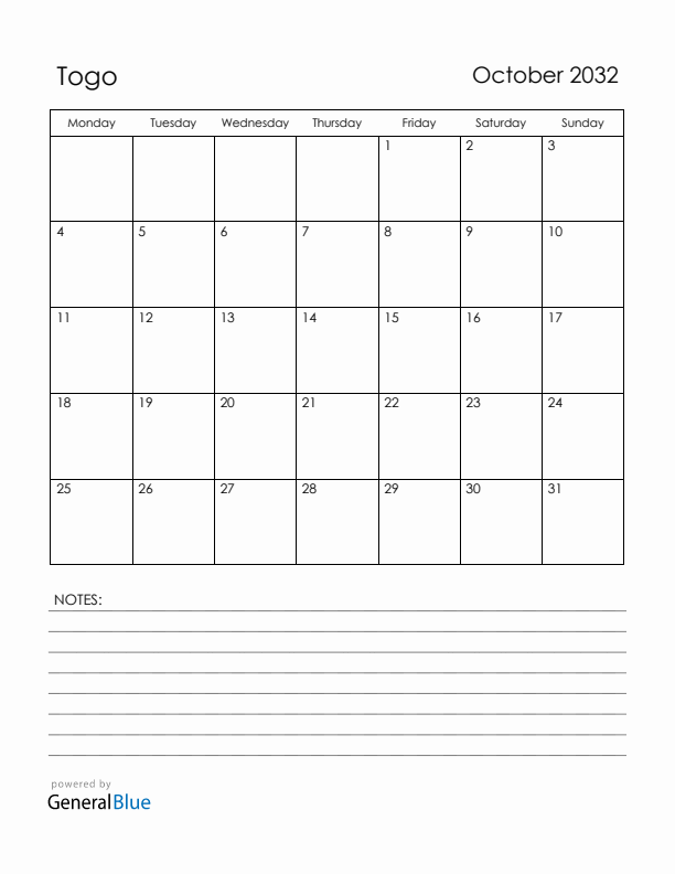 October 2032 Togo Calendar with Holidays (Monday Start)