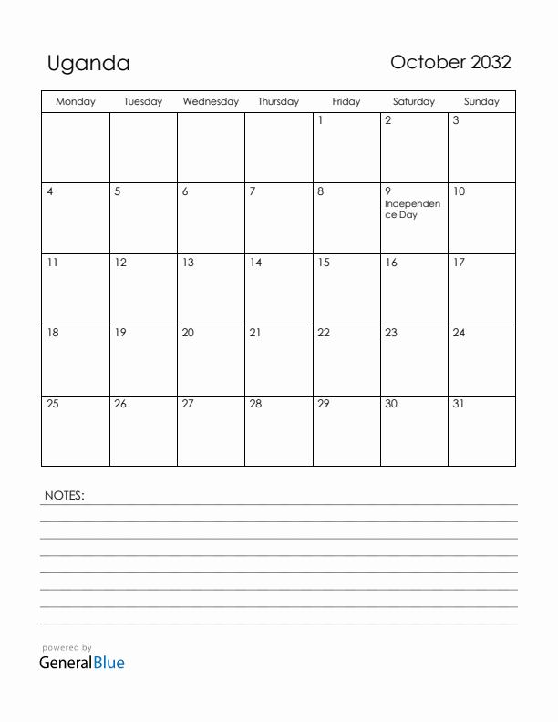 October 2032 Uganda Calendar with Holidays (Monday Start)