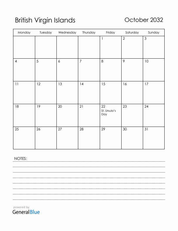 October 2032 British Virgin Islands Calendar with Holidays (Monday Start)