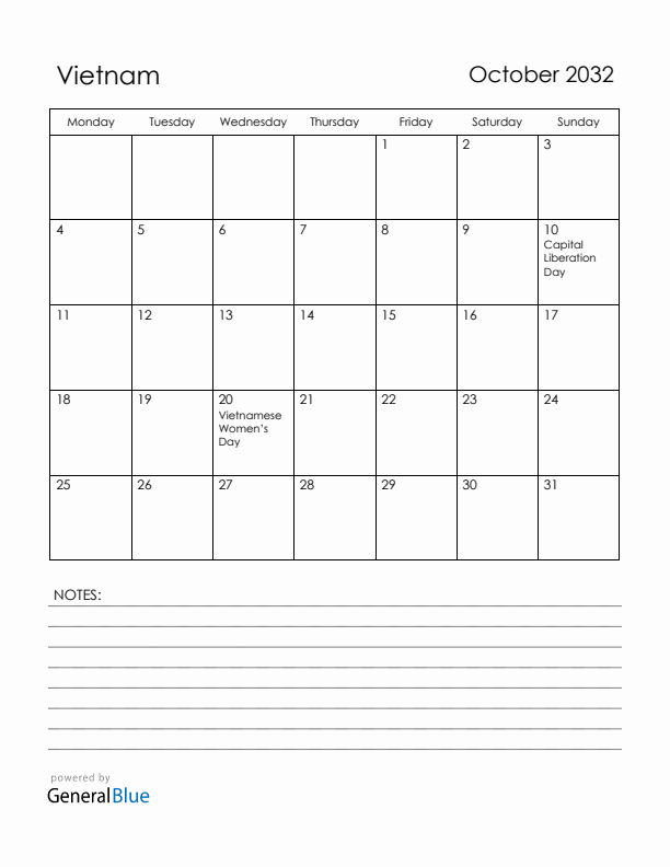 October 2032 Vietnam Calendar with Holidays (Monday Start)