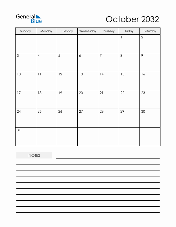 Printable Calendar with Notes - October 2032 