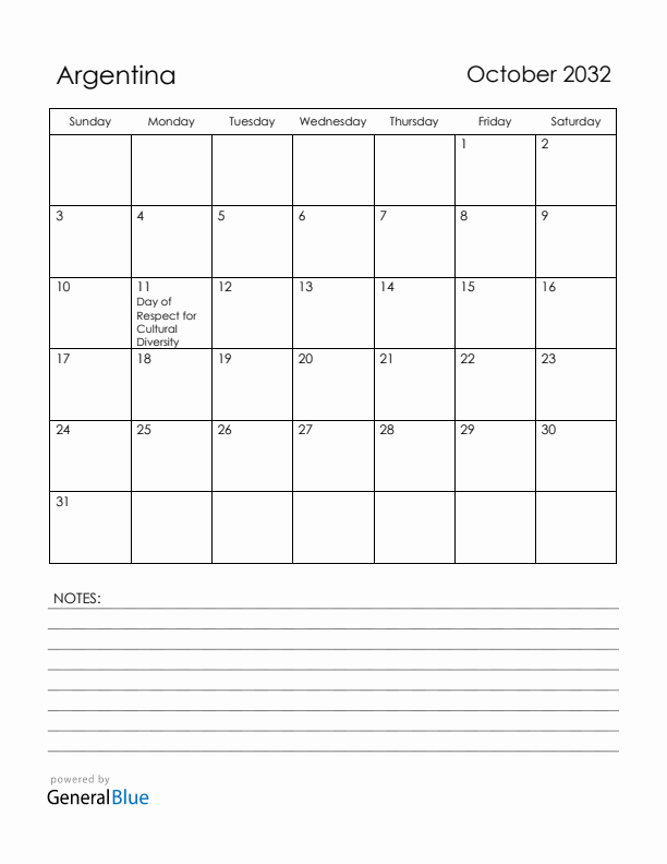 October 2032 Argentina Calendar with Holidays (Sunday Start)