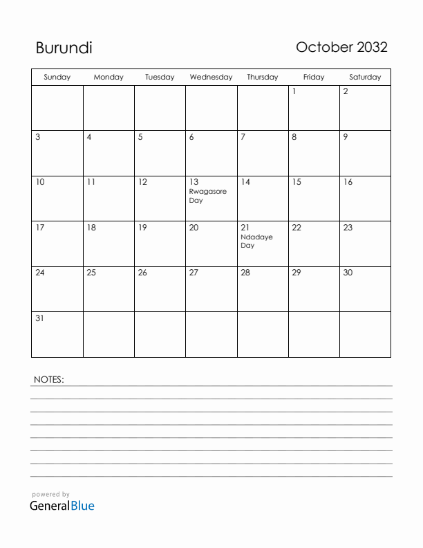 October 2032 Burundi Calendar with Holidays (Sunday Start)