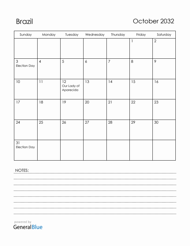 October 2032 Brazil Calendar with Holidays (Sunday Start)