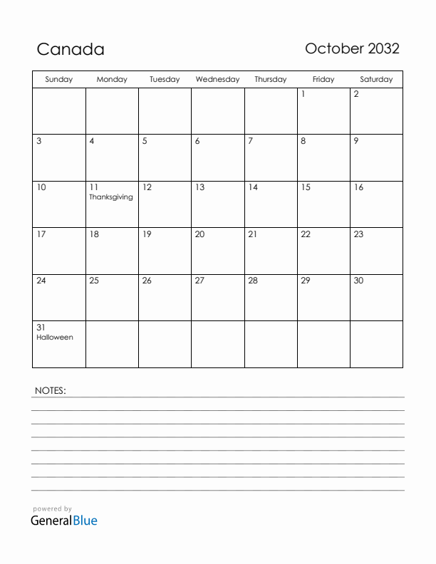 October 2032 Canada Calendar with Holidays (Sunday Start)