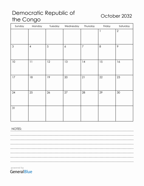October 2032 Democratic Republic of the Congo Calendar with Holidays (Sunday Start)