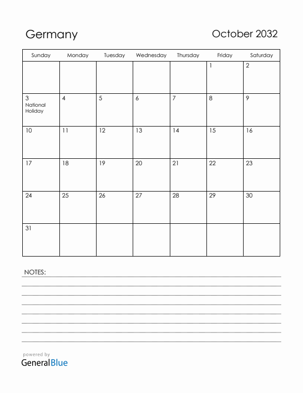 October 2032 Germany Calendar with Holidays (Sunday Start)