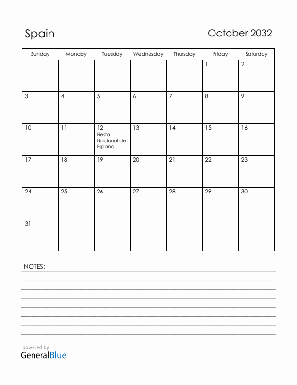 October 2032 Spain Calendar with Holidays (Sunday Start)
