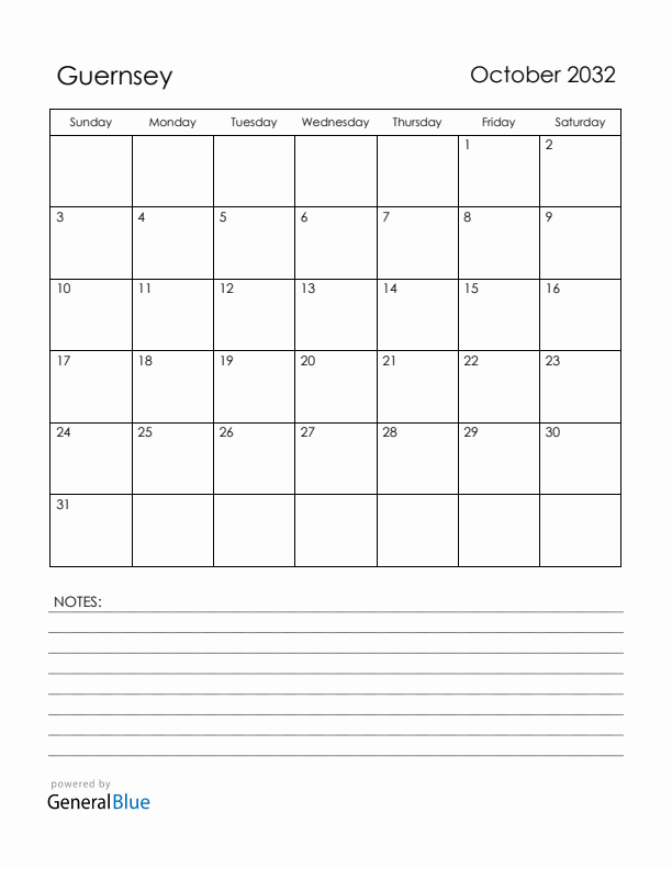 October 2032 Guernsey Calendar with Holidays (Sunday Start)