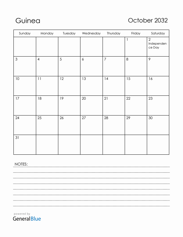 October 2032 Guinea Calendar with Holidays (Sunday Start)