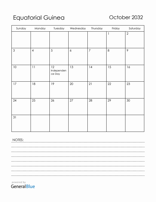 October 2032 Equatorial Guinea Calendar with Holidays (Sunday Start)