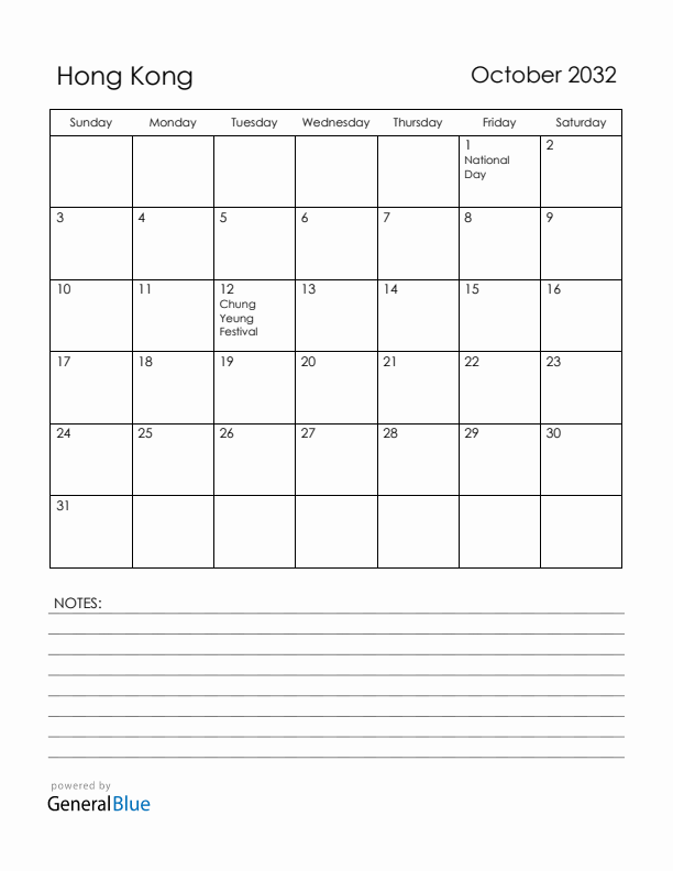October 2032 Hong Kong Calendar with Holidays (Sunday Start)