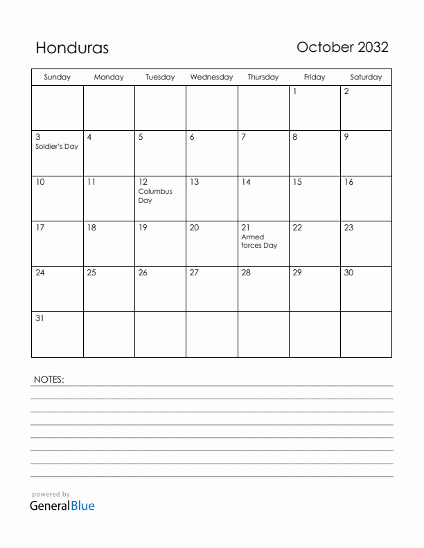 October 2032 Honduras Calendar with Holidays (Sunday Start)