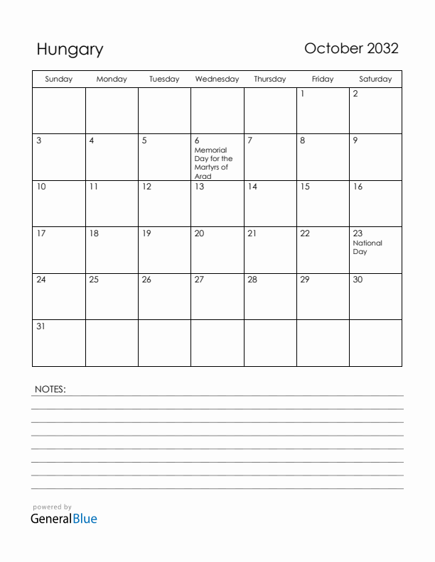 October 2032 Hungary Calendar with Holidays (Sunday Start)