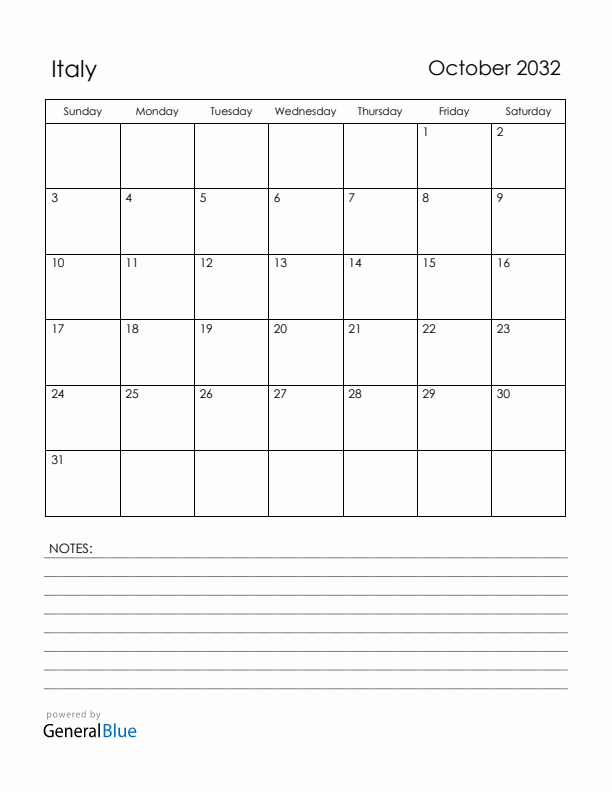 October 2032 Italy Calendar with Holidays (Sunday Start)
