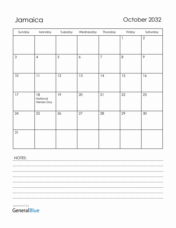 October 2032 Jamaica Calendar with Holidays (Sunday Start)