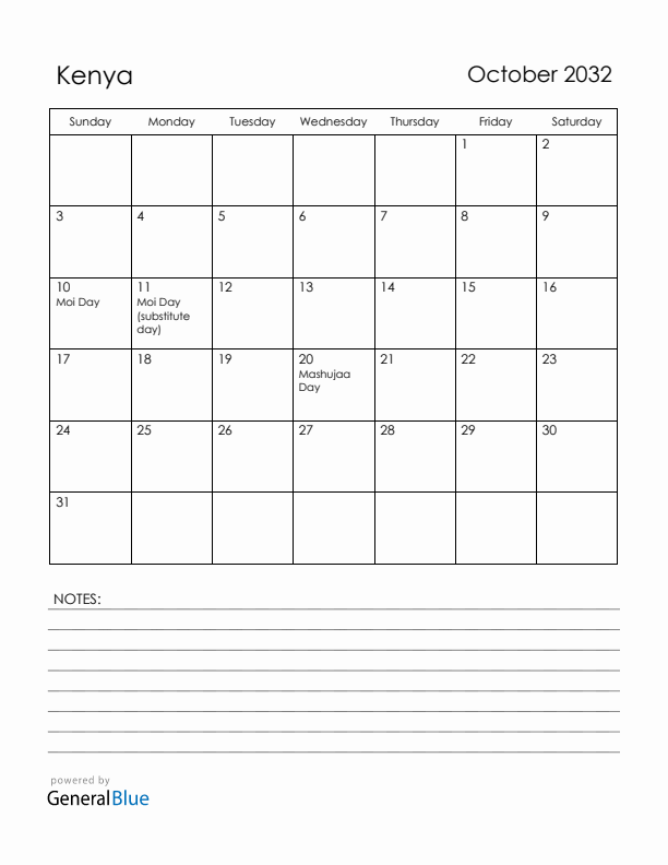 October 2032 Kenya Calendar with Holidays (Sunday Start)