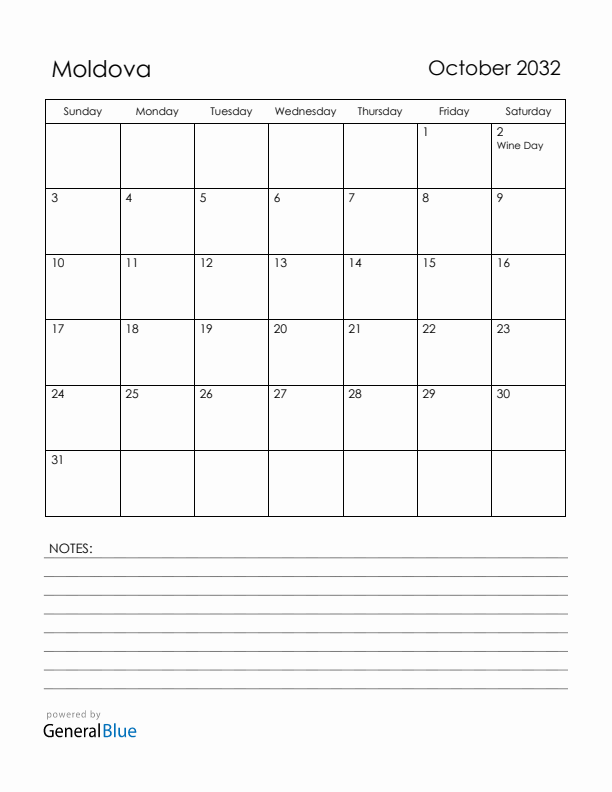 October 2032 Moldova Calendar with Holidays (Sunday Start)