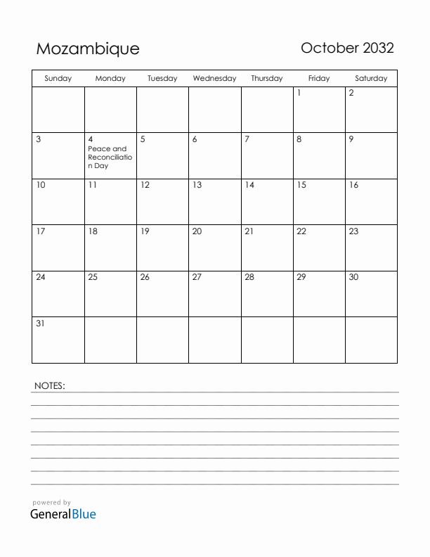 October 2032 Mozambique Calendar with Holidays (Sunday Start)