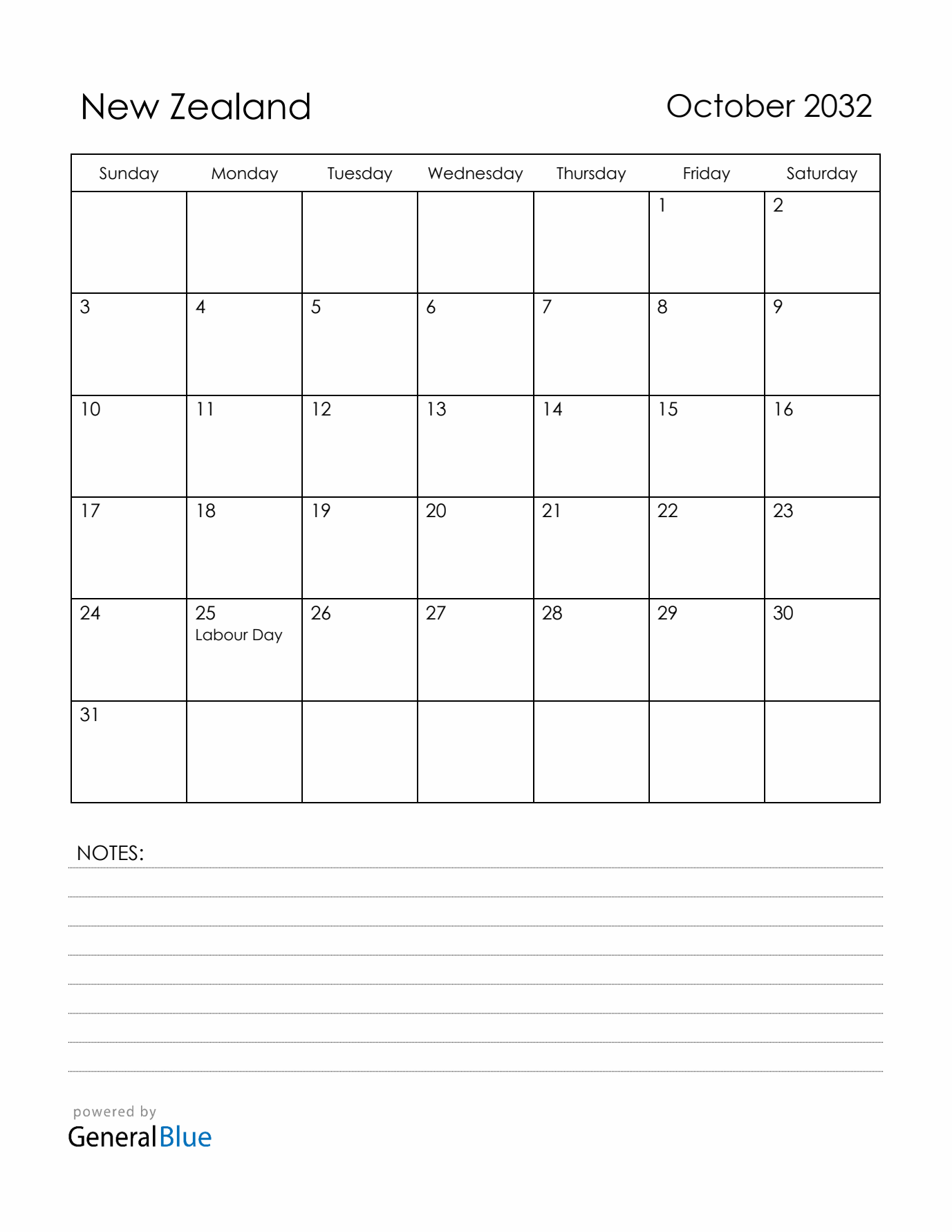 October 2032 New Zealand Calendar with Holidays (Sunday Start)