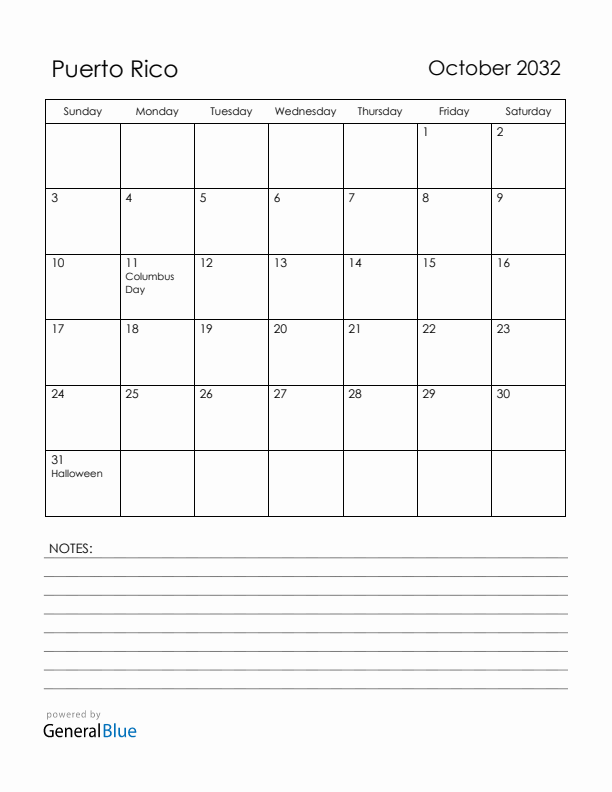 October 2032 Puerto Rico Calendar with Holidays (Sunday Start)