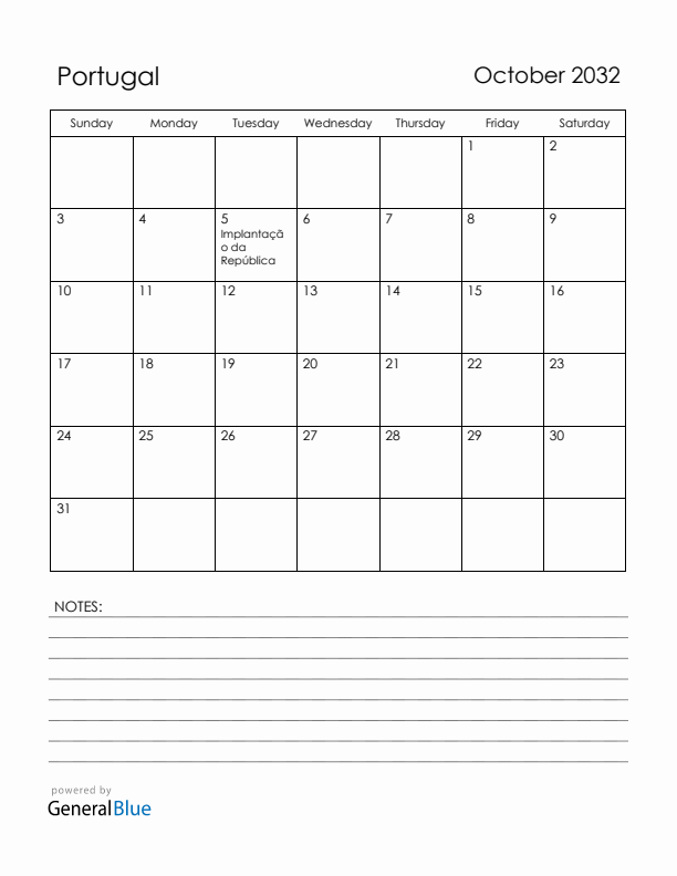 October 2032 Portugal Calendar with Holidays (Sunday Start)