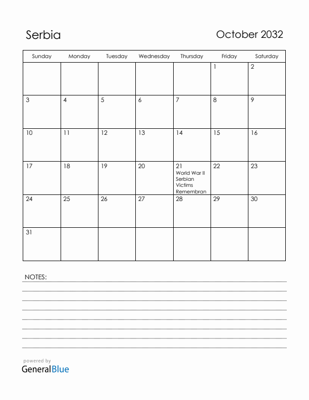 October 2032 Serbia Calendar with Holidays (Sunday Start)