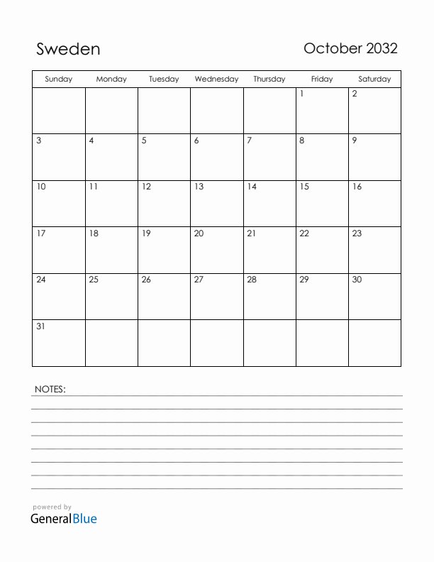October 2032 Sweden Calendar with Holidays (Sunday Start)