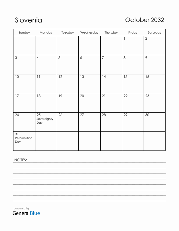 October 2032 Slovenia Calendar with Holidays (Sunday Start)