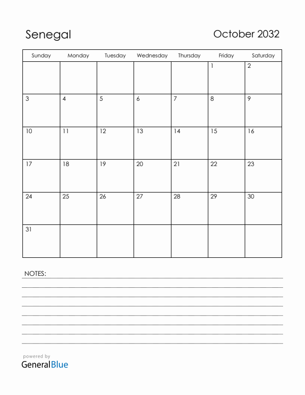 October 2032 Senegal Calendar with Holidays (Sunday Start)