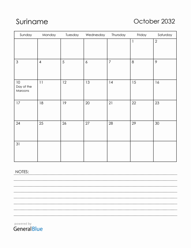 October 2032 Suriname Calendar with Holidays (Sunday Start)
