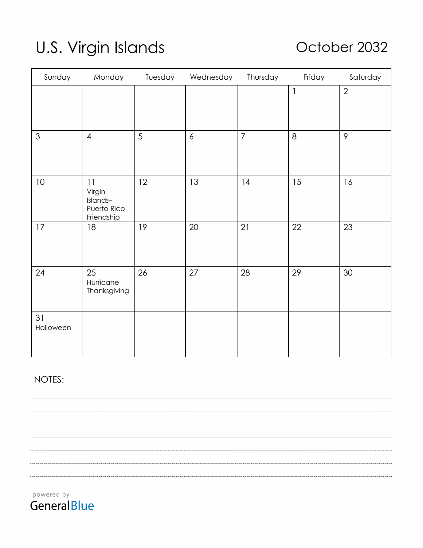 October 2032 U.S. Virgin Islands Calendar with Holidays (Sunday Start)